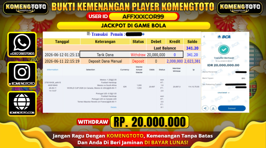 LAGI & LAGI!! KEMENANGAN BESAR DI GAME BOLA  SEBESAR Rp.20.000.000 KOMENGTOTO BAYAR LUNAS SECEPAT KILAT !! KOMENGTOTO BAYAR SECEPAT KILAT !!