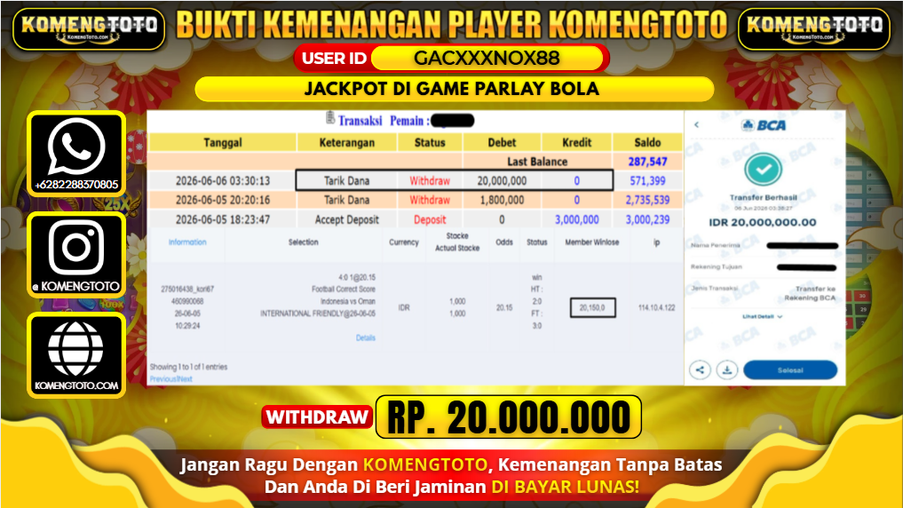 LAGI & LAGI!! KEMENANGAN BESAR DI  GAME PARLAY BOLA  SEBESAR Rp.20.000.000 KOMENGTOTO BAYAR LUNAS SECEPAT KILAT !! KOMENGTOTO BAYAR SECEPAT KILAT !!