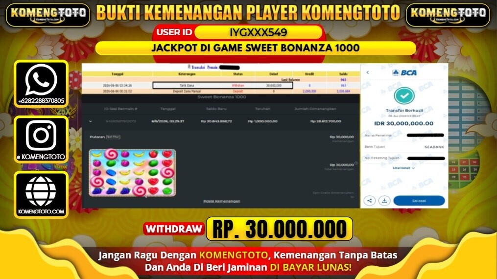 LAGI & LAGI!! KEMENANGAN BESAR DI SLOT SWEET BONANZA 1000   SEBESAR Rp.30.000.000 KOMENGTOTO BAYAR LUNAS SECEPAT KILAT !! KOMENGTOTO BAYAR SECEPAT KILAT !!