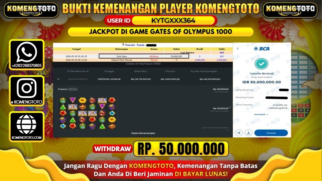LAGI & LAGI!! KEMENANGAN BESAR DI SLOT GATES OF OLYMPUS 1000   SEBESAR Rp.50.000.000 KOMENGTOTO BAYAR LUNAS SECEPAT KILAT !! KOMENGTOTO BAYAR SECEPAT KILAT !!
