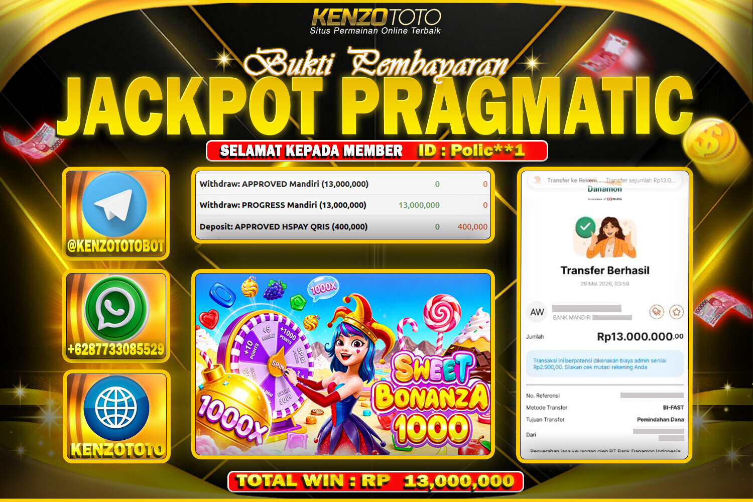 KENZOTOTO JACKPOT SWEET BONANZA 1000  Rp.13,000,000 LUNAS
