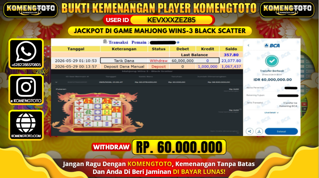 LAGI & LAGI!! KEMENANGAN BESAR DI SLOT MAHJONG WINS-3 BLACK SCATTER SEBESAR Rp.60.000.000 KOMENGTOTO BAYAR LUNAS SECEPAT KILAT !! KOMENGTOTO BAYAR SECEPAT KILAT !!