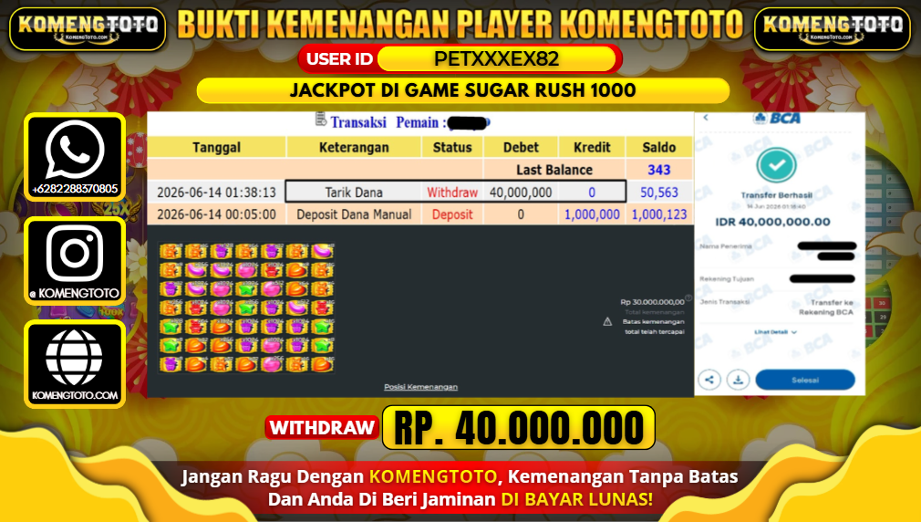 LAGI & LAGI!! KEMENANGAN BESAR DI SLOT GAME SUGAR RUSH 1000  SEBESAR Rp.40.000.000 KOMENGTOTO BAYAR LUNAS SECEPAT KILAT !! KOMENGTOTO BAYAR SECEPAT KILAT !!