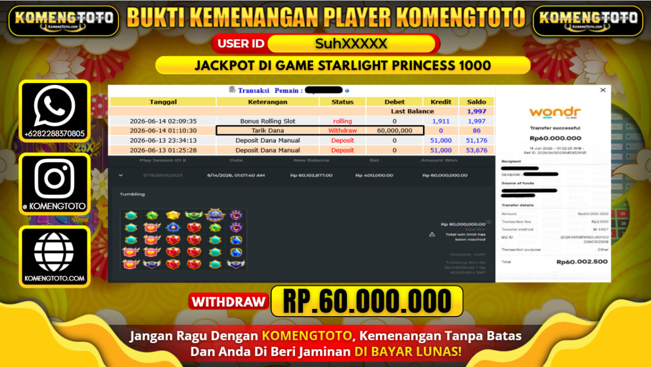 LAGI & LAGI!! KEMENANGAN BESAR DI SLOT STARLIGHT PRINCESS 1000   SEBESAR Rp.60.000.000 KOMENGTOTO BAYAR LUNAS SECEPAT KILAT !! KOMENGTOTO BAYAR SECEPAT KILAT !!