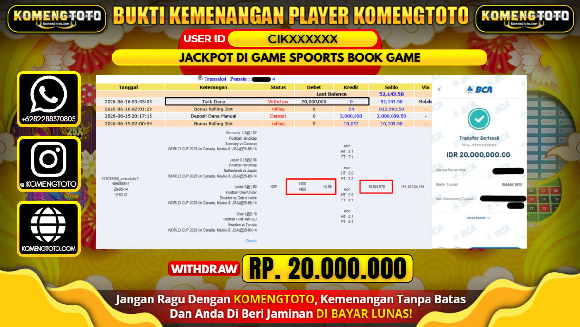 LAGI & LAGI!! KEMENANGAN BESAR DI GAME BOLA SPOORTS BOOK  SEBESAR Rp.20.000.000 KOMENGTOTO BAYAR LUNAS SECEPAT KILAT !! KOMENGTOTO BAYAR SECEPAT KILAT !!
