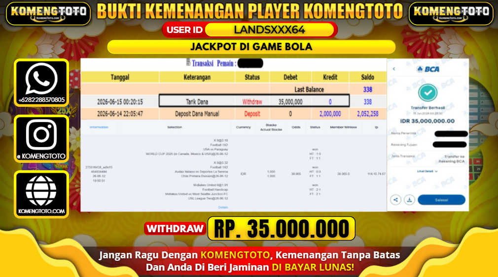 LAGI & LAGI!! KEMENANGAN BESAR DI GAME BOLA  SEBESAR Rp.35.000.000 KOMENGTOTO BAYAR LUNAS SECEPAT KILAT !! KOMENGTOTO BAYAR SECEPAT KILAT !!