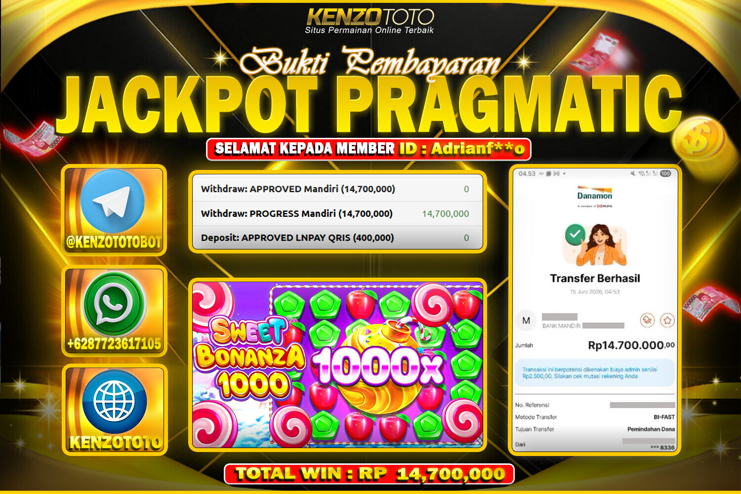 KENZOTOTO JACKPOT SWEET BONANZA 1000 Rp.14,700,000 LUNAS