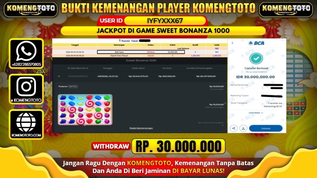 LAGI & LAGI!! KEMENANGAN BESAR DI SLOT SWEET BONANZA 1000   SEBESAR Rp.30.000.000 KOMENGTOTO BAYAR LUNAS SECEPAT KILAT !! KOMENGTOTO BAYAR SECEPAT KILAT !!