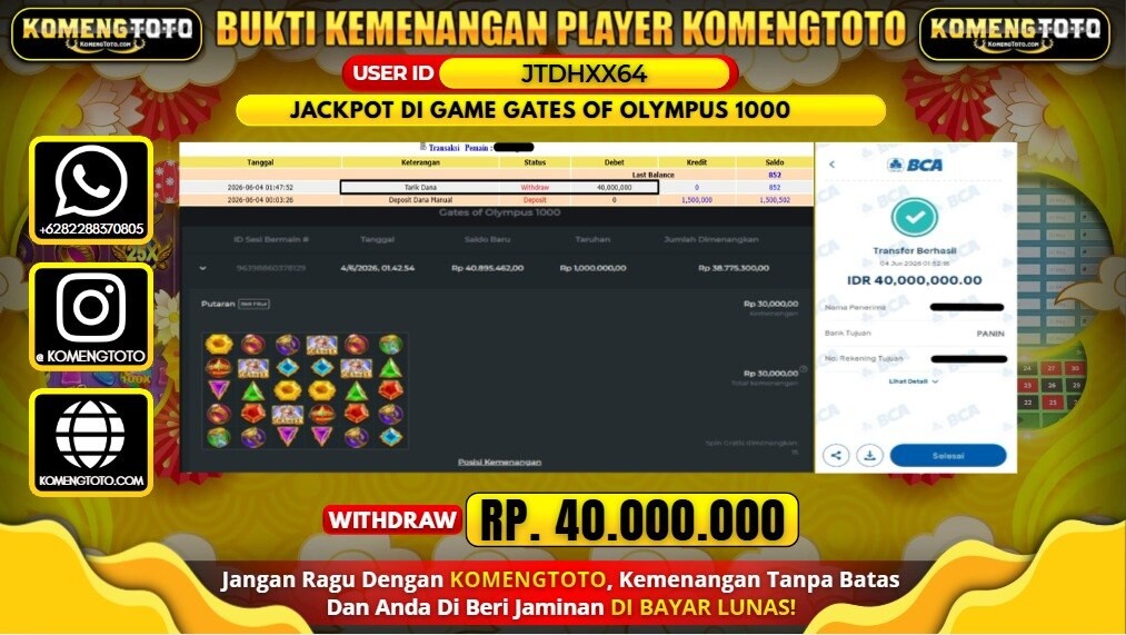 LAGI & LAGI!! KEMENANGAN BESAR DI SLOT GATES OF OLYMPUS 1000   SEBESAR Rp.40.000.000 KOMENGTOTO BAYAR LUNAS SECEPAT KILAT !! KOMENGTOTO BAYAR SECEPAT KILAT !!
