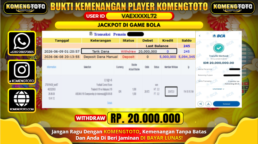 LAGI & LAGI!! KEMENANGAN BESAR DI GAME BOLA  SEBESAR Rp.20.000.000 KOMENGTOTO BAYAR LUNAS SECEPAT KILAT !! KOMENGTOTO BAYAR SECEPAT KILAT !!