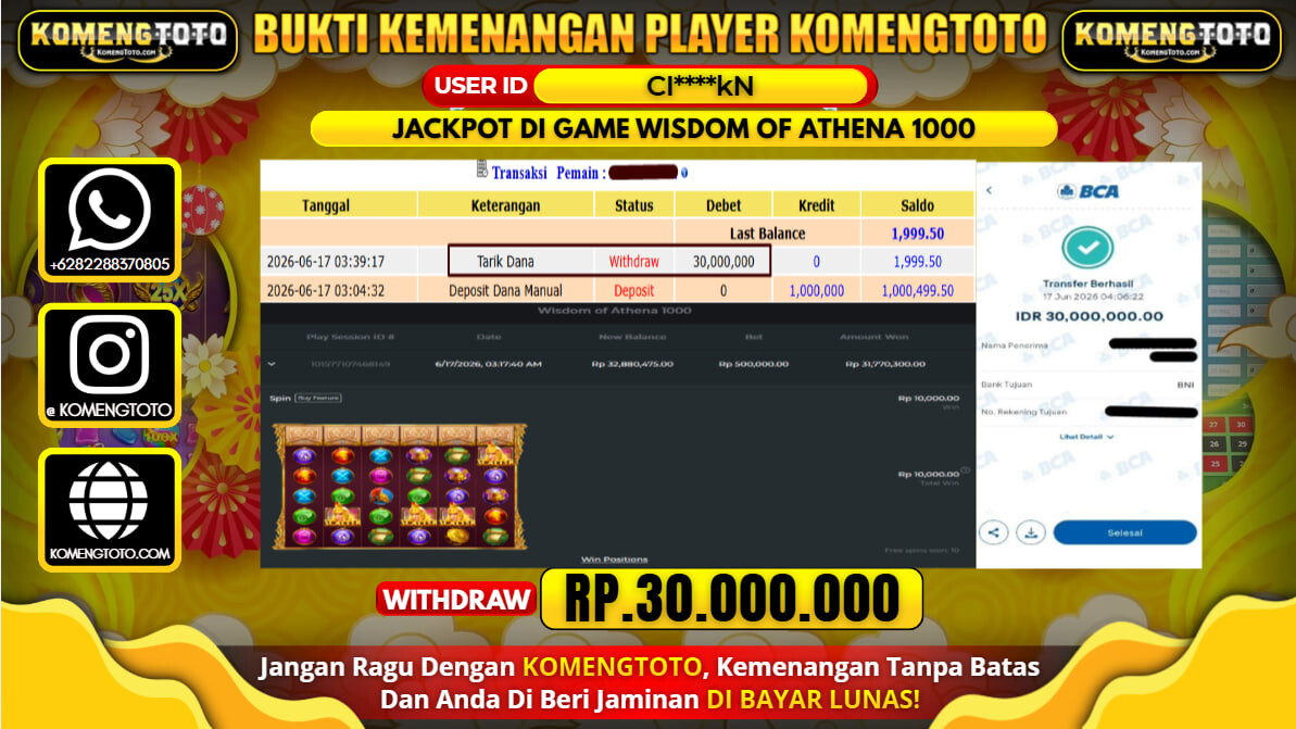 LAGI & LAGI!! KEMENANGAN BESAR DI SLOT WISDOM OF ATHENA 1000   SEBESAR Rp.30.000.000 KOMENGTOTO BAYAR LUNAS SECEPAT KILAT !! KOMENGTOTO BAYAR SECEPAT KILAT !!