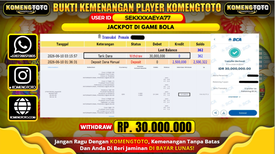 LAGI & LAGI!! KEMENANGAN BESAR DI GAME BOLA  SEBESAR Rp.30.000.000 KOMENGTOTO BAYAR LUNAS SECEPAT KILAT !! KOMENGTOTO BAYAR SECEPAT KILAT !!