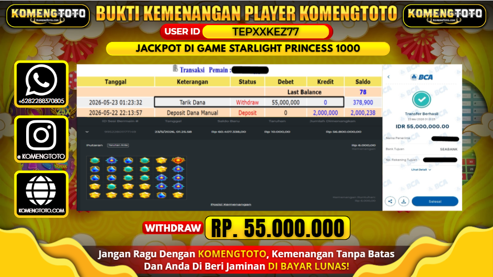 LAGI & LAGI!! KEMENANGAN BESAR DI SLOT GAME STARLIGHT PRINCESS 1000 SEBESAR Rp.55.000.000 KOMENGTOTO BAYAR LUNAS SECEPAT KILAT !! KOMENGTOTO BAYAR SECEPAT KILAT !!