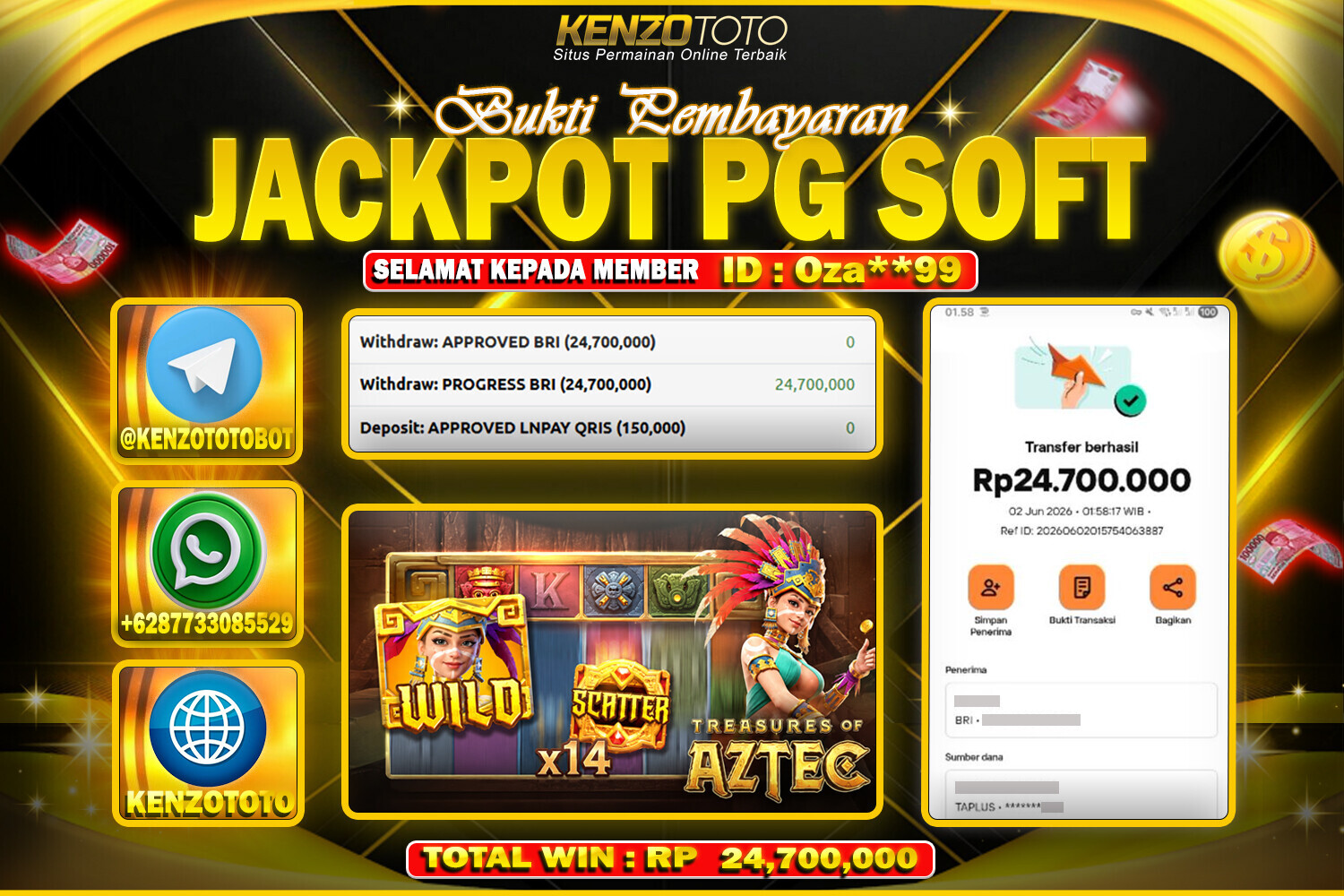 KENZOTOTO JACKPOT  TREASURES OF AZTEC  Rp.24,700,000 LUNAS