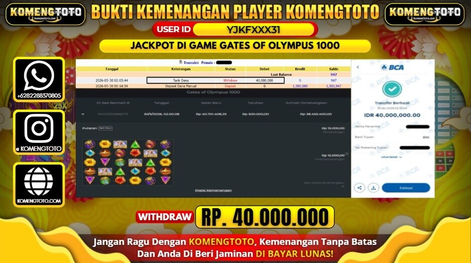 LAGI & LAGI!! KEMENANGAN BESAR DI SLOT GATES OF OLYMPUS 1000   SEBESAR Rp.40.000.000 KOMENGTOTO BAYAR LUNAS SECEPAT KILAT !! KOMENGTOTO BAYAR SECEPAT KILAT !!