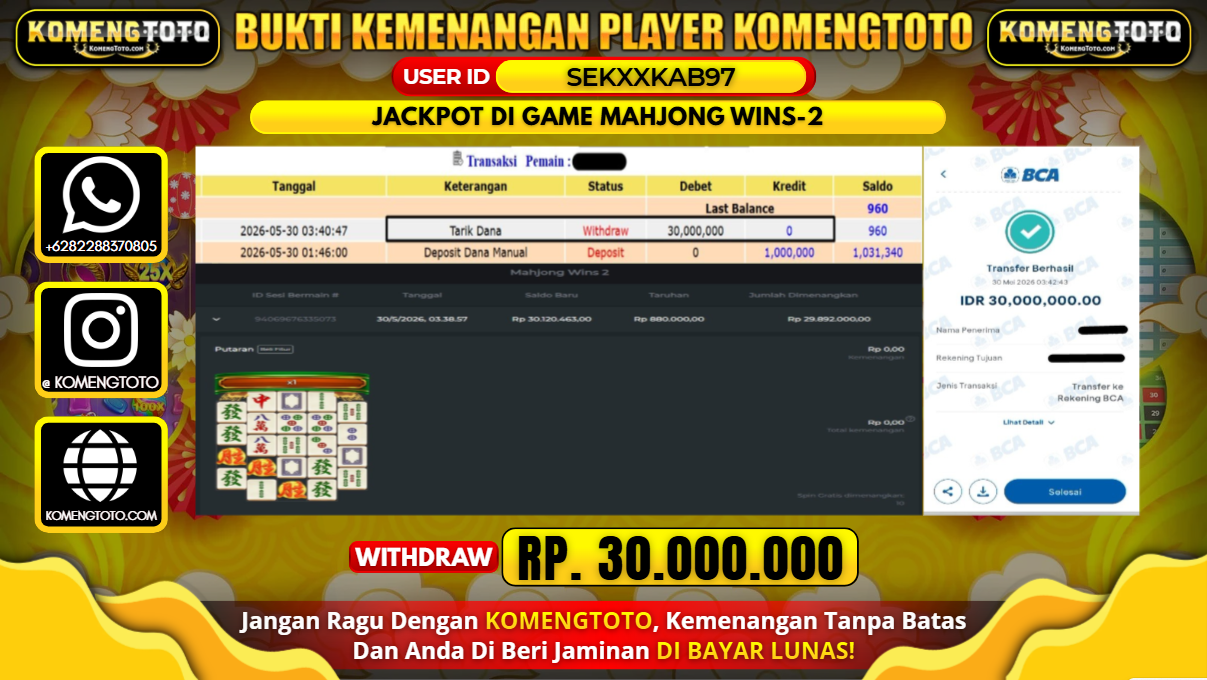 LAGI & LAGI!! KEMENANGAN BESAR DI SLOT GAME MAHJONG WINS-2  SEBESAR Rp.30.000.000 KOMENGTOTO BAYAR LUNAS SECEPAT KILAT !! KOMENGTOTO BAYAR SECEPAT KILAT !!
