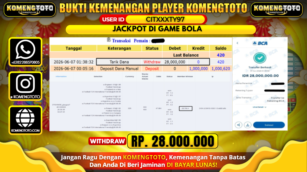 LAGI & LAGI!! KEMENANGAN BESAR DI GAME BOLA  SEBESAR Rp.28.000.000 KOMENGTOTO BAYAR LUNAS SECEPAT KILAT !! KOMENGTOTO BAYAR SECEPAT KILAT !!