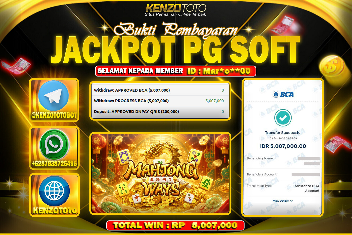 KENZOTOTO JACKPOT  MAHJONG WAYS  Rp.5,007,000 LUNAS
