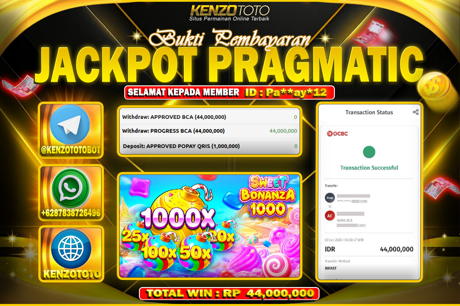 KENZOTOTO JACKPOT SWEET BONANZA 1000 Rp.44,000,000 LUNAS