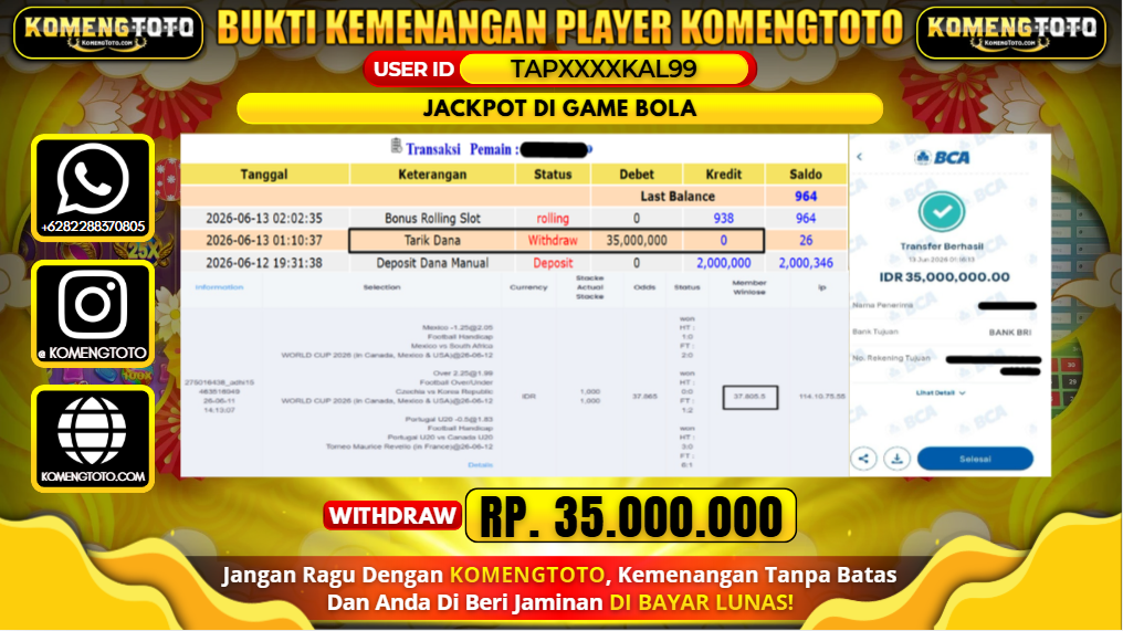 LAGI & LAGI!! KEMENANGAN BESAR DI GAME BOLA  SEBESAR Rp.35.000.000 KOMENGTOTO BAYAR LUNAS SECEPAT KILAT !! KOMENGTOTO BAYAR SECEPAT KILAT !!
