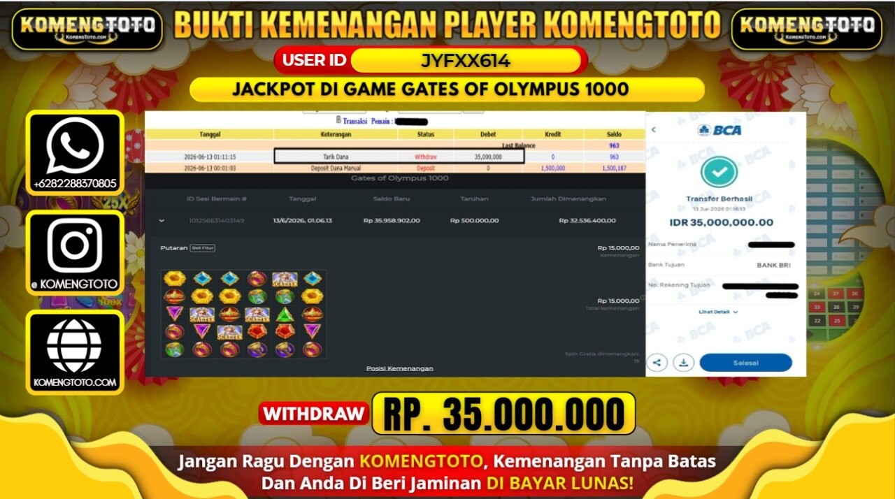 LAGI & LAGI!! KEMENANGAN BESAR DI GAME GATES OF OLYMPUS 1000 SEBESAR Rp.35.000.000 KOMENGTOTO BAYAR LUNAS SECEPAT KILAT !! KOMENGTOTO BAYAR SECEPAT KILAT !!