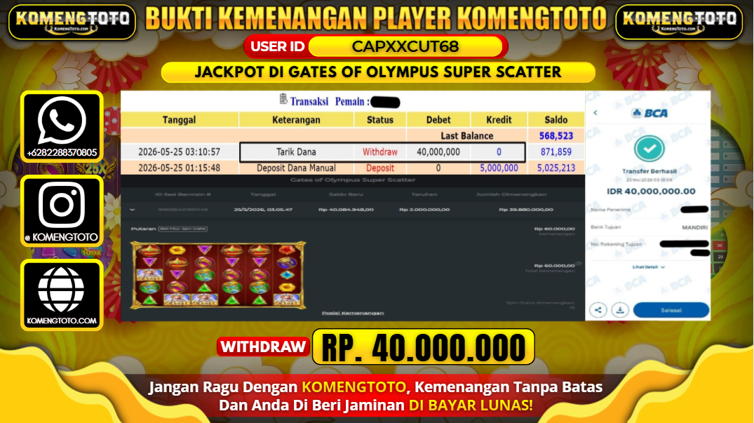 LAGI & LAGI!! KEMENANGAN BESAR DI SLOT GATES OF OLYMPUS SUPER SCATTER  SEBESAR Rp.40.000.000 KOMENGTOTO BAYAR LUNAS SECEPAT KILAT !! KOMENGTOTO BAYAR SECEPAT KILAT !!