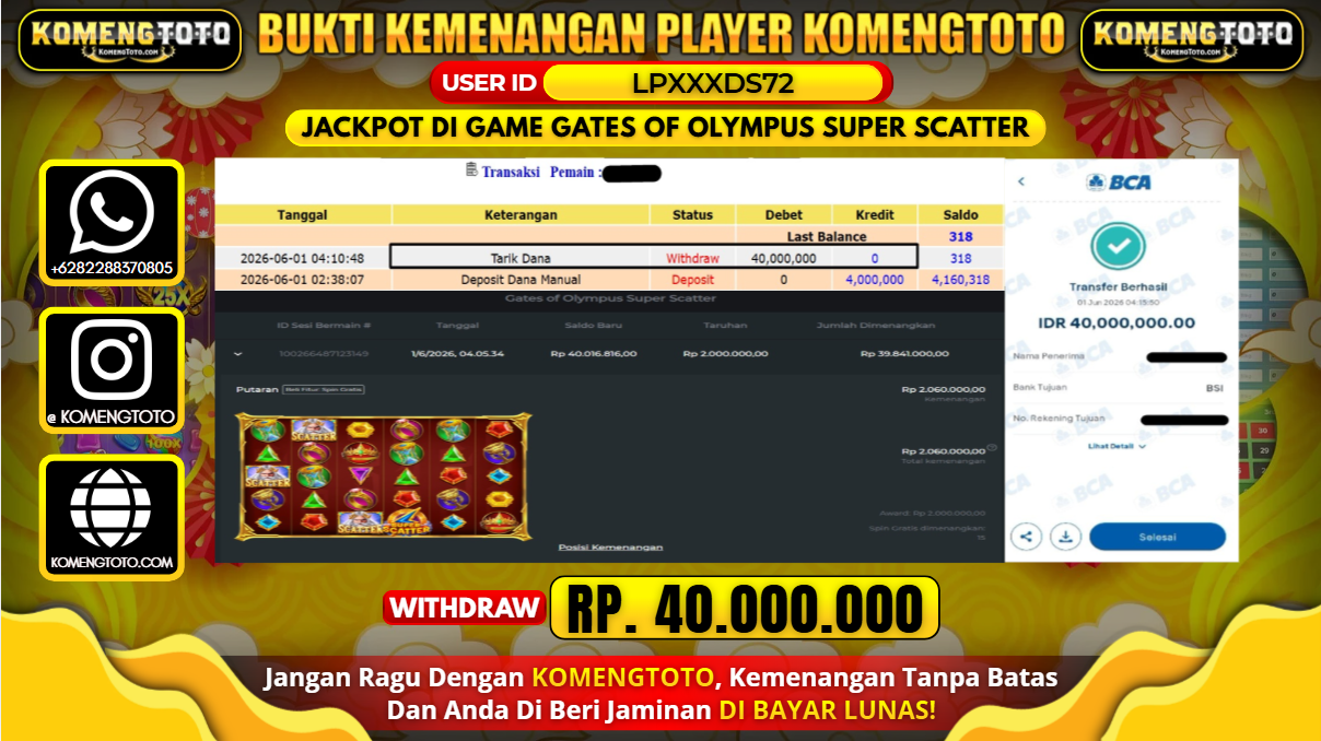 LAGI & LAGI!! KEMENANGAN BESAR DI SLOT GATES OF OLYMPUS SUPER SCATTER  SEBESAR Rp.40.000.000 KOMENGTOTO BAYAR LUNAS SECEPAT KILAT !! KOMENGTOTO BAYAR SECEPAT KILAT !!