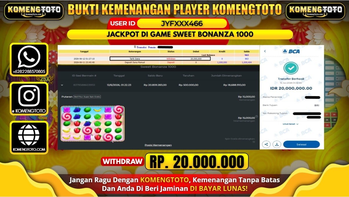 LAGI & LAGI!! KEMENANGAN BESAR DI SLOT SWEET BONANZA 1000   SEBESAR Rp.20.000.000 KOMENGTOTO BAYAR LUNAS SECEPAT KILAT !! KOMENGTOTO BAYAR SECEPAT KILAT !!