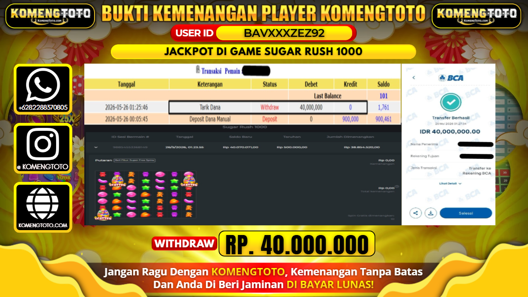 LAGI & LAGI!! KEMENANGAN BESAR DI SLOT GAME SUGAR RUSH 1000 SEBESAR Rp.40.000.000 KOMENGTOTO BAYAR LUNAS SECEPAT KILAT !! KOMENGTOTO BAYAR SECEPAT KILAT !!