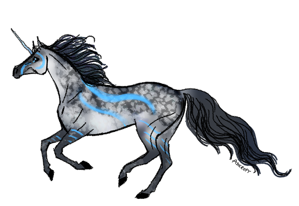 Dark grey horse with sooty dapples and tribal markings which are blue.