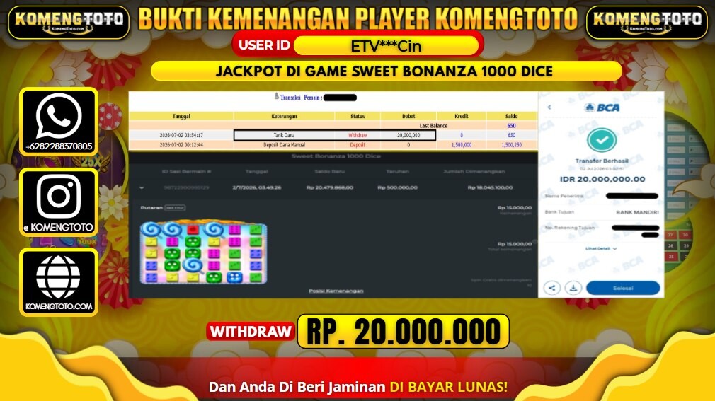 LAGI & LAGI!! KEMENANGAN BESAR DI SLOT SWEET BONANZA 1000 DICE SEBESAR Rp.20.000.000 KOMENGTOTO BAYAR LUNAS SECEPAT KILAT !! KOMENGTOTO BAYAR SECEPAT KILAT !!