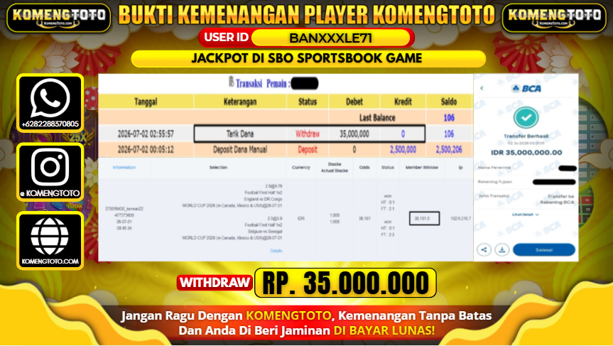LAGI & LAGI!! KEMENANGAN BESAR DI SBO SPORTSBOOK GAME  SEBESAR Rp.35.000.000 KOMENGTOTO BAYAR LUNAS SECEPAT KILAT !! KOMENGTOTO BAYAR SECEPAT KILAT !!