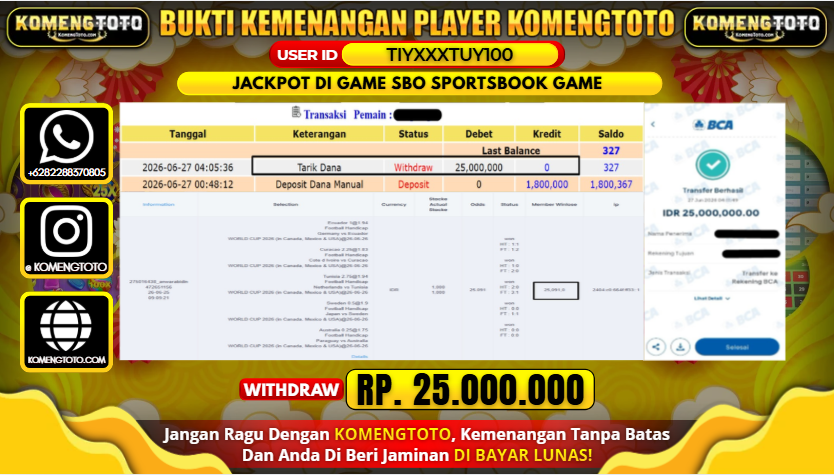 LAGI & LAGI!! KEMENANGAN BESAR DI SBO SPORTSBOOK GAME  SEBESAR Rp.25.000.000 KOMENGTOTO BAYAR LUNAS SECEPAT KILAT !! KOMENGTOTO BAYAR SECEPAT KILAT !!