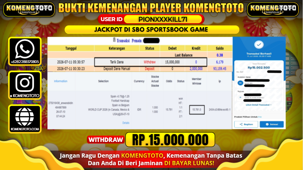 LAGI & LAGI!! KEMENANGAN BESAR DI SBO SPORTSBOOK GAME  SEBESAR Rp.15.000.000 KOMENGTOTO BAYAR LUNAS SECEPAT KILAT !! KOMENGTOTO BAYAR SECEPAT KILAT !!