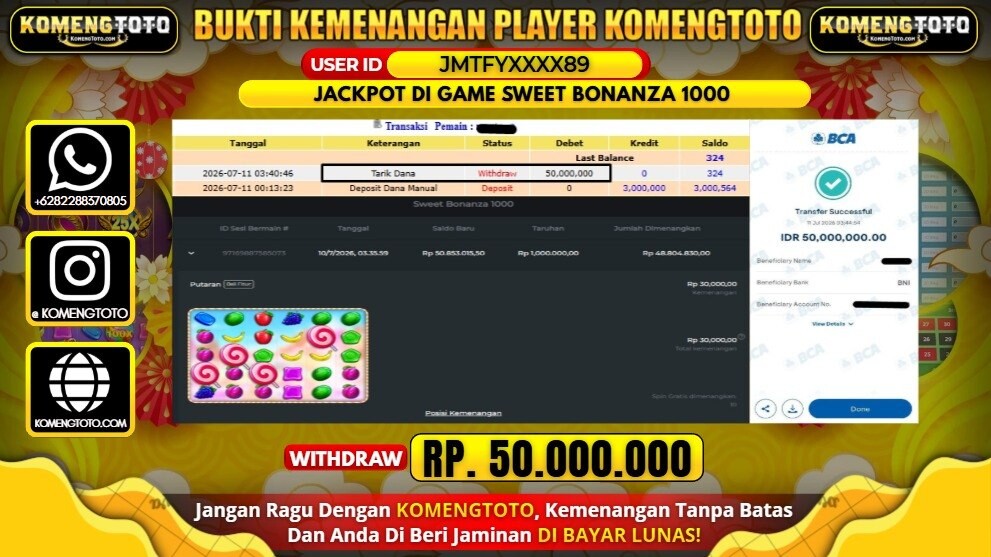 LAGI & LAGI!! KEMENANGAN BESAR DI SLOT SWEET BONANZA 1000  SEBESAR Rp.50.000.000 KOMENGTOTO BAYAR LUNAS SECEPAT KILAT !! KOMENGTOTO BAYAR SECEPAT KILAT !!