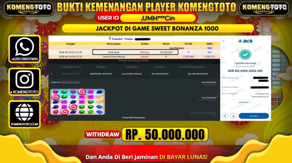 LAGI & LAGI!! KEMENANGAN BESAR DI SLOT SWEET BONANZA 1000  SEBESAR Rp.50.000.000 KOMENGTOTO BAYAR LUNAS SECEPAT KILAT !! KOMENGTOTO BAYAR SECEPAT KILAT !!