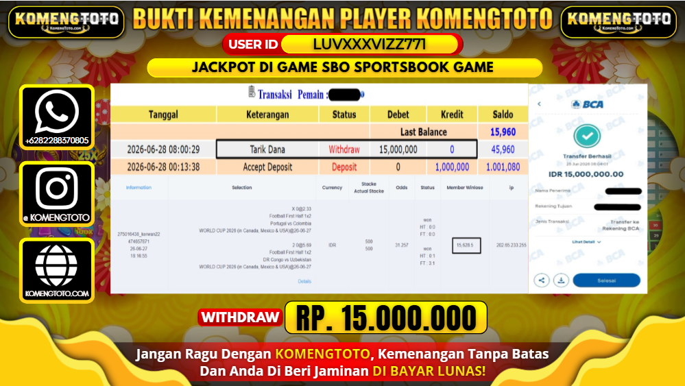 LAGI & LAGI!! KEMENANGAN BESAR DI SBO SPORTSBOOK GAME SEBESAR Rp.15.000.000 KOMENGTOTO BAYAR LUNAS SECEPAT KILAT !! KOMENGTOTO BAYAR SECEPAT KILAT !!