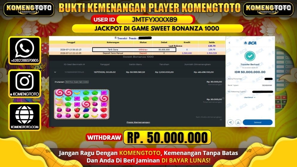 LAGI & LAGI!! KEMENANGAN BESAR DI SLOT SWEET BONANZA 1000  SEBESAR Rp.50.000.000 KOMENGTOTO BAYAR LUNAS SECEPAT KILAT !! KOMENGTOTO BAYAR SECEPAT KILAT !!