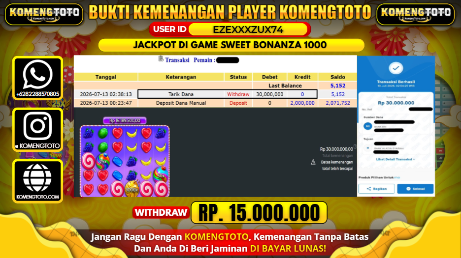 LAGI & LAGI!! KEMENANGAN BESAR DI SLOT GAME SWEET BONANZA 1000  SEBESAR Rp.30.000.000 KOMENGTOTO BAYAR LUNAS SECEPAT KILAT !! KOMENGTOTO BAYAR SECEPAT KILAT !!