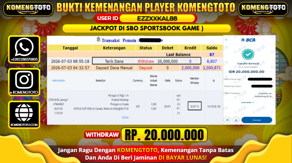 LAGI & LAGI!! KEMENANGAN BESAR DI SBO SPORTSBOOK GAME SEBESAR Rp.20.000.000 KOMENGTOTO BAYAR LUNAS SECEPAT KILAT !! KOMENGTOTO BAYAR SECEPAT KILAT !!