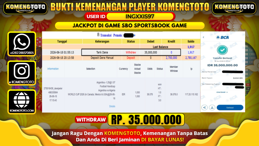 LAGI & LAGI!! KEMENANGAN BESAR DI  SBO SPORTSBOOK GAME  SEBESAR Rp.35.000.000 KOMENGTOTO BAYAR LUNAS SECEPAT KILAT !! KOMENGTOTO BAYAR SECEPAT KILAT !!