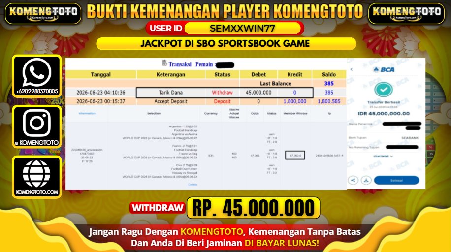 LAGI & LAGI!! KEMENANGAN BESAR DI SBO SPORTSBOOK GAME 0 SEBESAR Rp.45.000.000 KOMENGTOTO BAYAR LUNAS SECEPAT KILAT !! KOMENGTOTO BAYAR SECEPAT KILAT !