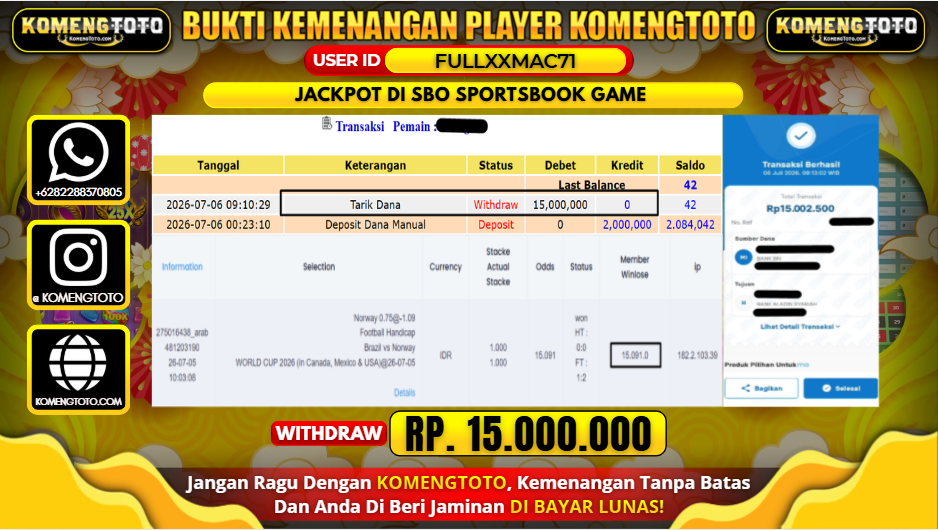 LAGI & LAGI!! KEMENANGAN BESAR DI SBO SPORTSBOOK GAME  SEBESAR Rp.15.000.000 KOMENGTOTO BAYAR LUNAS SECEPAT KILAT !! KOMENGTOTO BAYAR SECEPAT KILAT !!