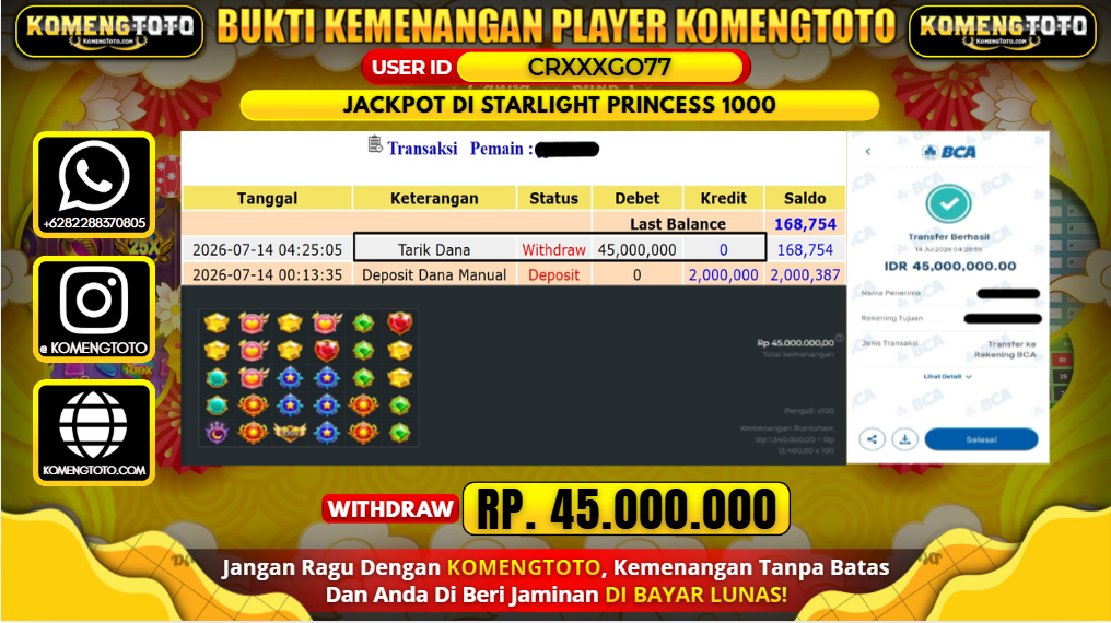 LAGI & LAGI!! KEMENANGAN BESAR DI SLOT STARLIGHT PRINCESS 1000 SEBESAR Rp.45.000.000 KOMENGTOTO BAYAR LUNAS SECEPAT KILAT !! KOMENGTOTO BAYAR SECEPAT KILAT !!