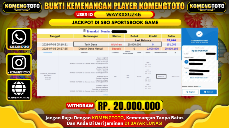 LAGI & LAGI!! KEMENANGAN BESAR DI SBO SPORTSBOOK GAME  SEBESAR Rp.20.000.000 KOMENGTOTO BAYAR LUNAS SECEPAT KILAT !! KOMENGTOTO BAYAR SECEPAT KILAT !!