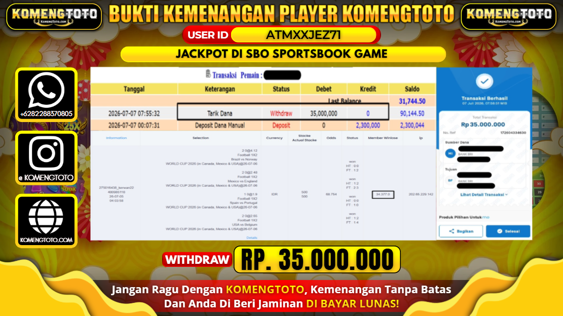LAGI & LAGI!! KEMENANGAN BESAR DI SBO SPORTSBOOK GAME  SEBESAR Rp.35.000.000 KOMENGTOTO BAYAR LUNAS SECEPAT KILAT !! KOMENGTOTO BAYAR SECEPAT KILAT !!