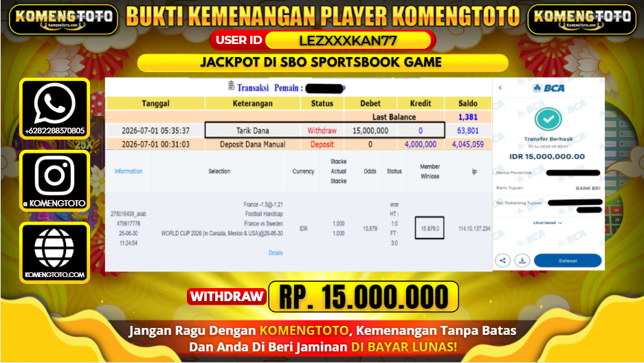 LAGI & LAGI!! KEMENANGAN BESAR DI  SPORTSBOOK GAME  SEBESAR Rp.15.000.000 KOMENGTOTO BAYAR LUNAS SECEPAT KILAT !! KOMENGTOTO BAYAR SECEPAT KILAT !!