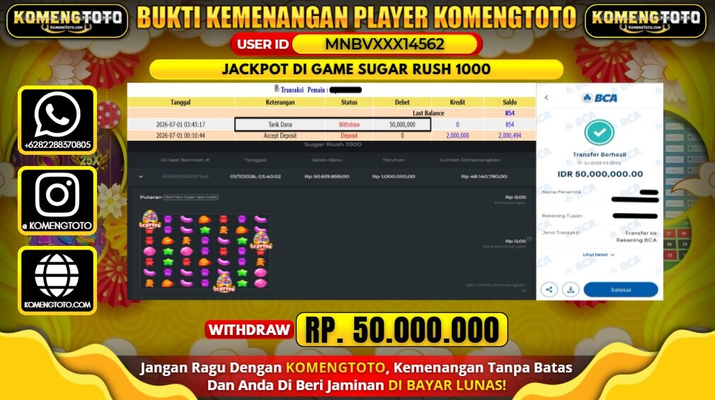 LAGI & LAGI!! KEMENANGAN BESAR DI SLOT SUGAR RUSH 1000 SEBESAR Rp.50.000.000 KOMENGTOTO BAYAR LUNAS SECEPAT KILAT !! KOMENGTOTO BAYAR SECEPAT KILAT !!