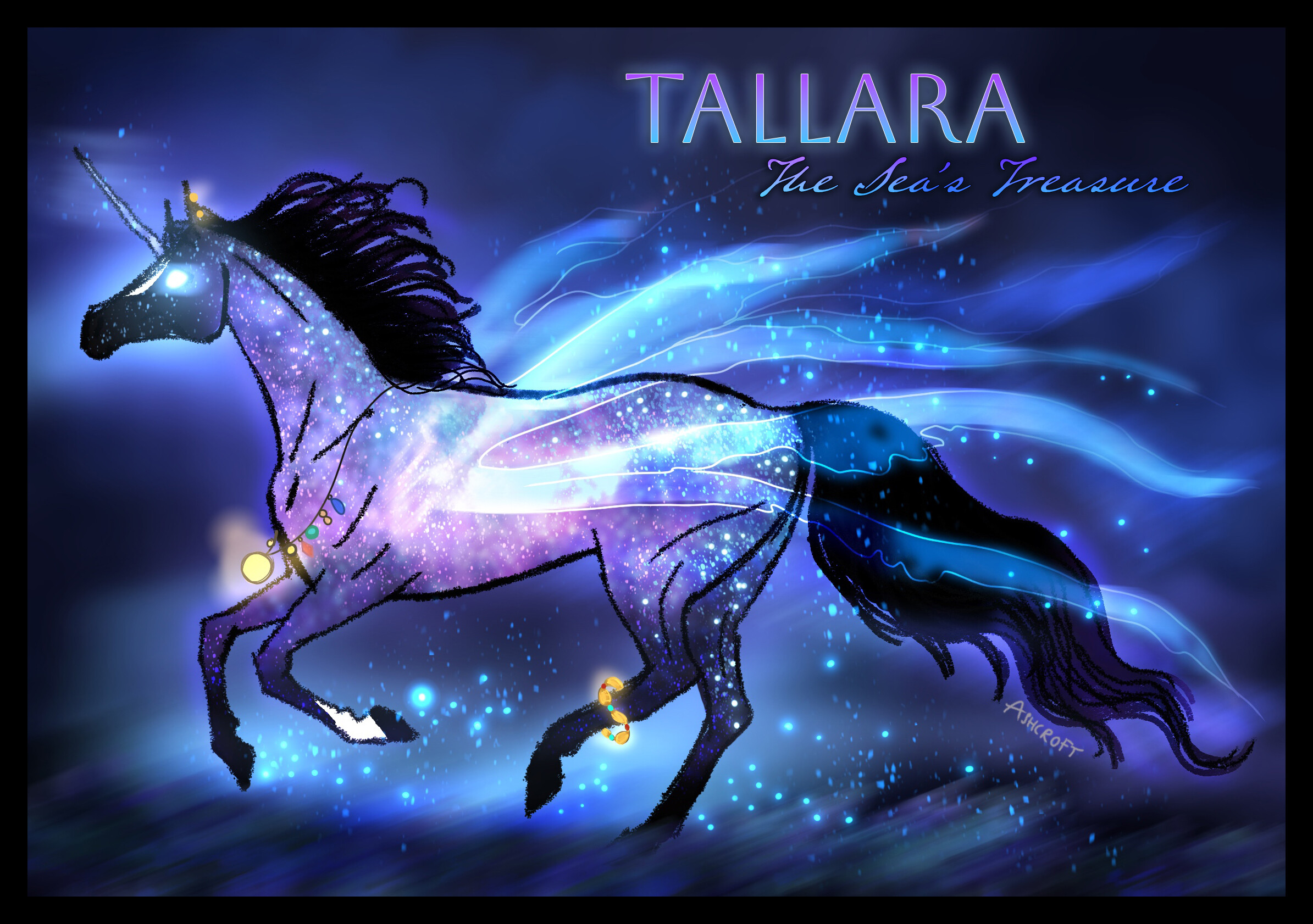 A black horse with magic blue wings and purple and blue markings. They have a unicorn horn, a jewel necklace, and a gold bangle and earrings. Text reads: Tallara, The Sea's Treasure.
