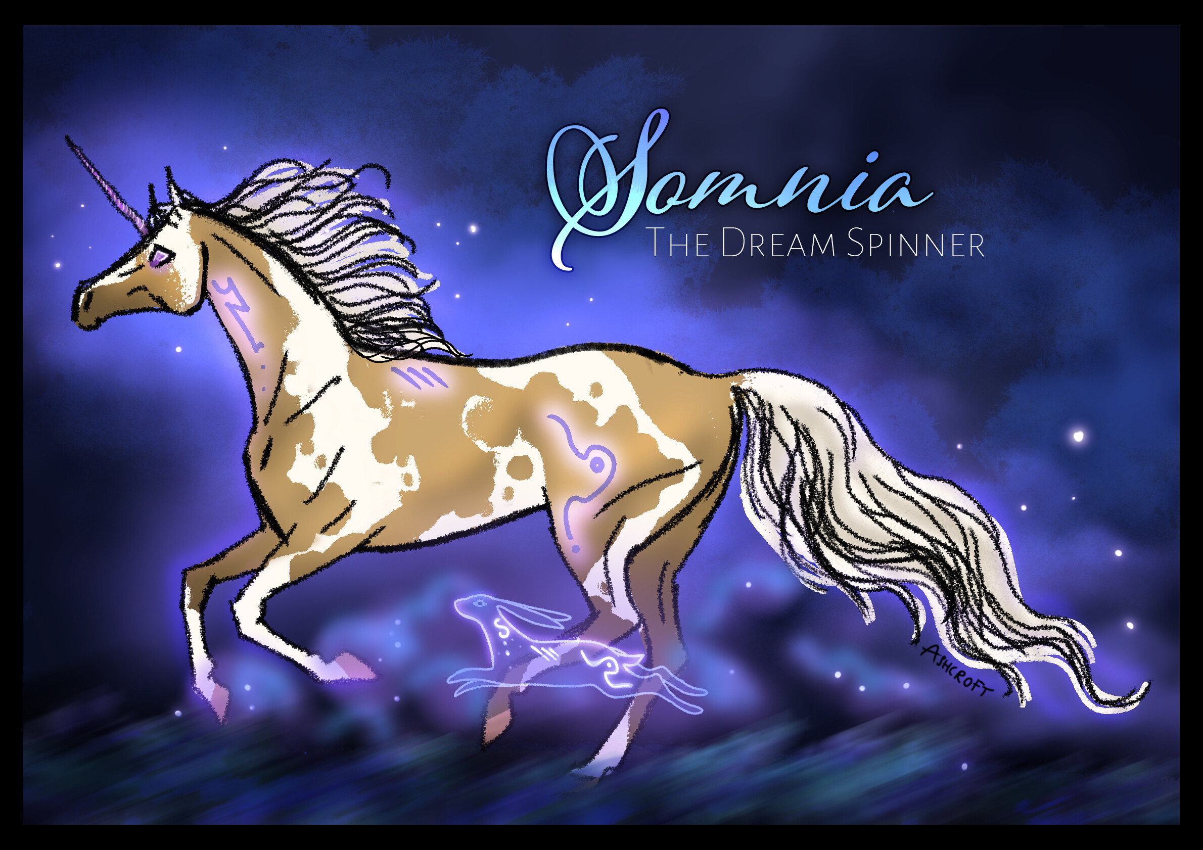 A palomino tobiano horse gallops against a purple sky with an ethereal hare beside them.